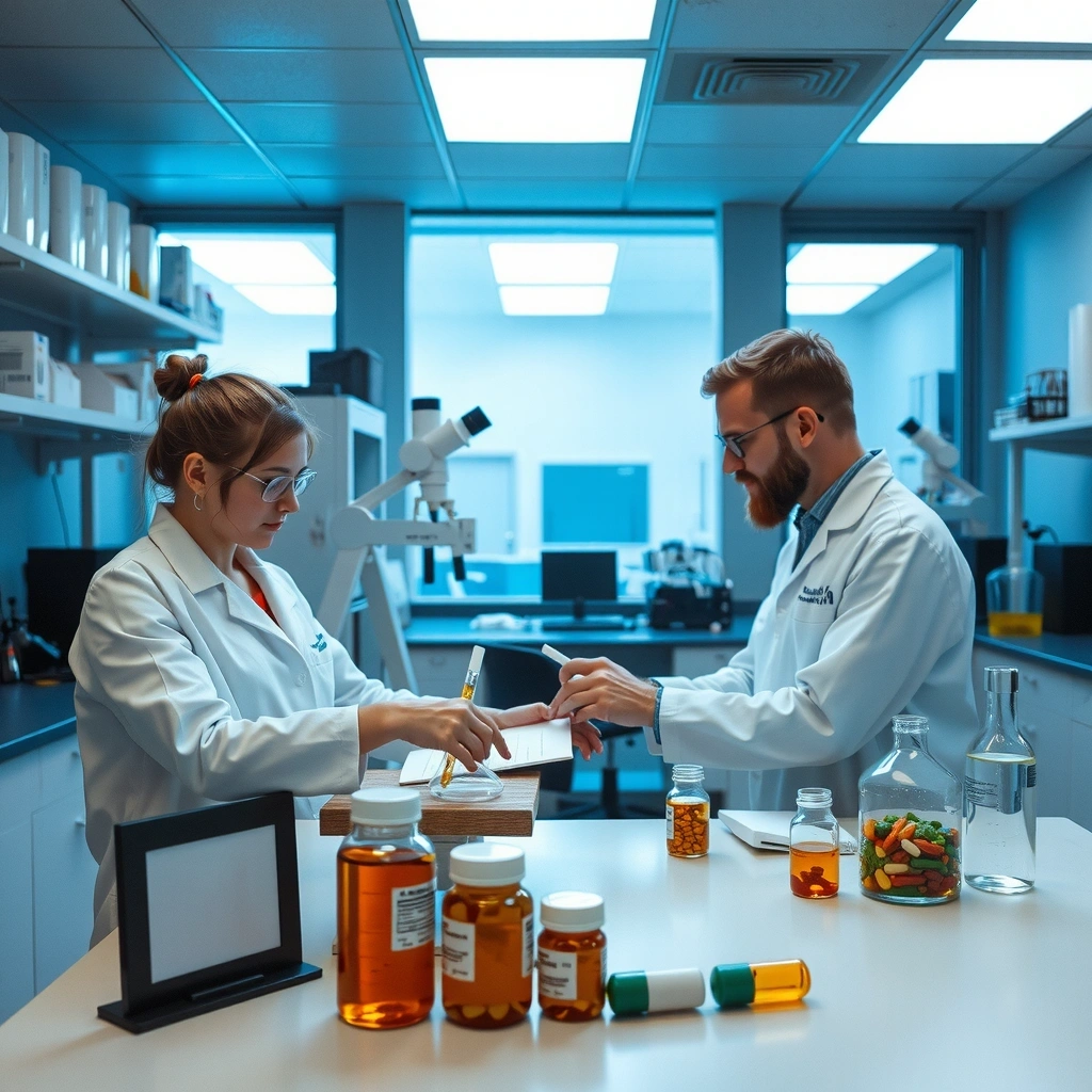 Modern laboratory setting showing scientific research and testing equipment for supplement development