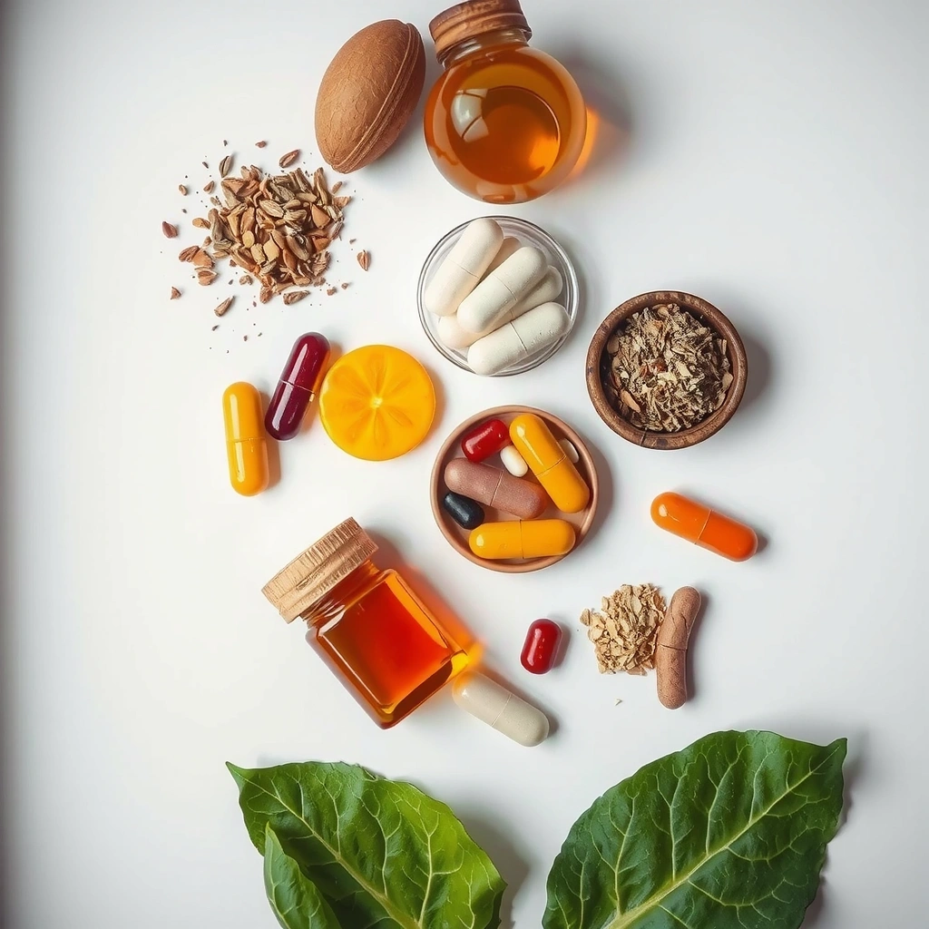 Premium natural ingredients arranged in organized display showing various herbs, vitamins, and minerals used in the formula