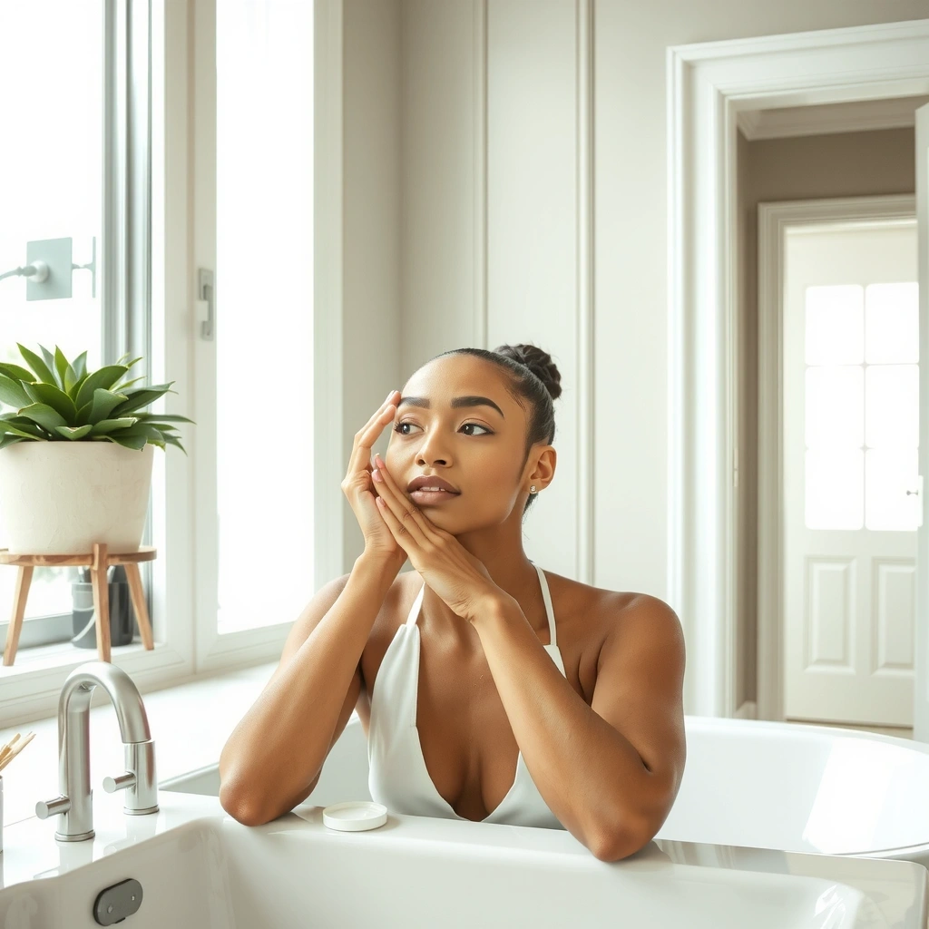 Beautiful woman applying skincare routine in elegant bathroom setting